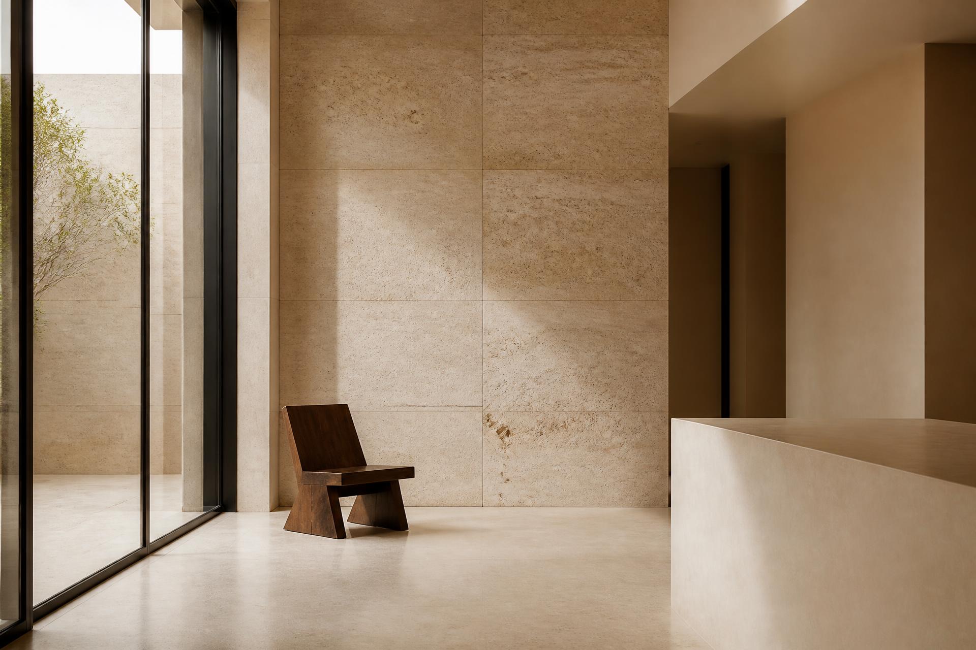 Interior arquitetônico minimalista em travertino com luz natural